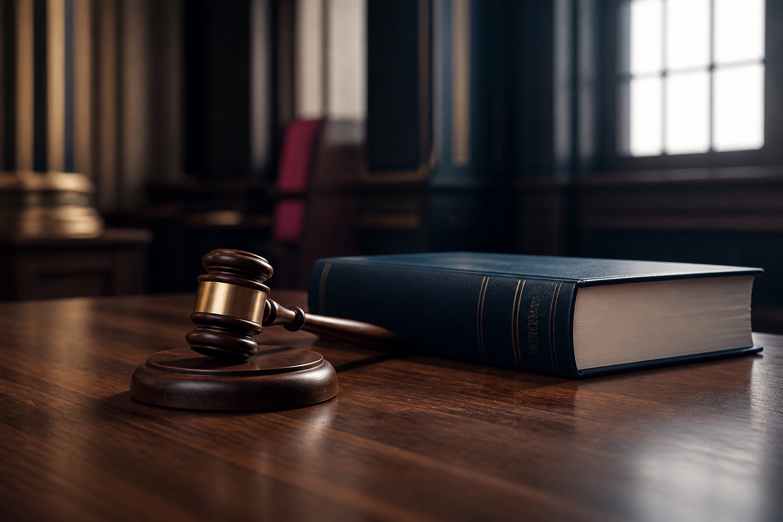 Wooden judge’s gavel beside a navy legal volume