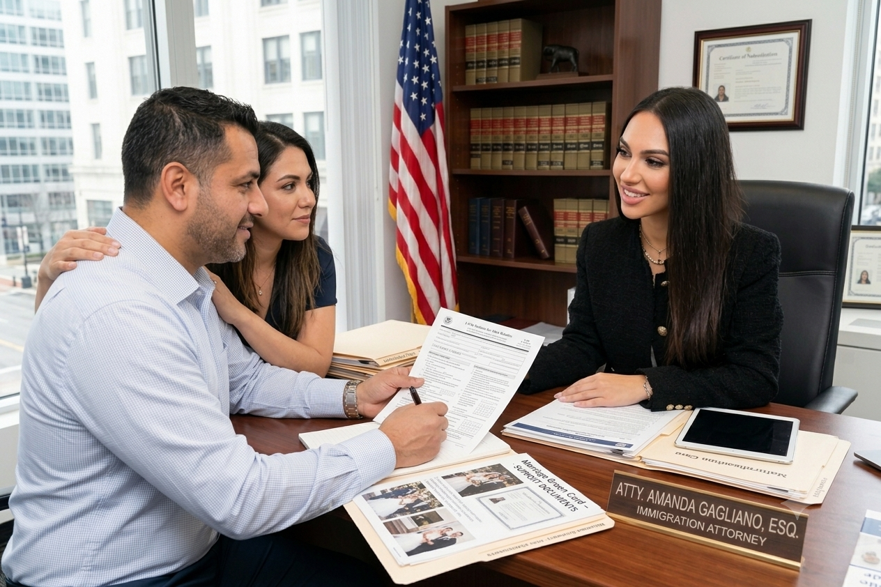 married couples in consultation with Atty. Amanda Gagliano in her law office in Miami.